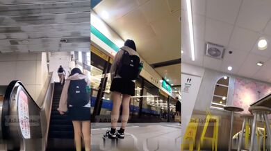 轻轨站一路跟踪抄底不穿内裤的短裙小姐姐干净粉嫩的美鲍鱼